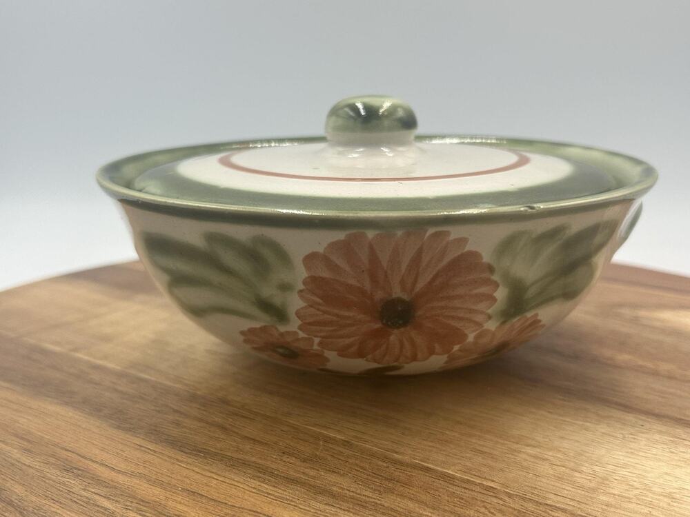 Vtg John B Taylor Stoneware Dish Floral Hand painted Ceramic Green Lidded Bowl